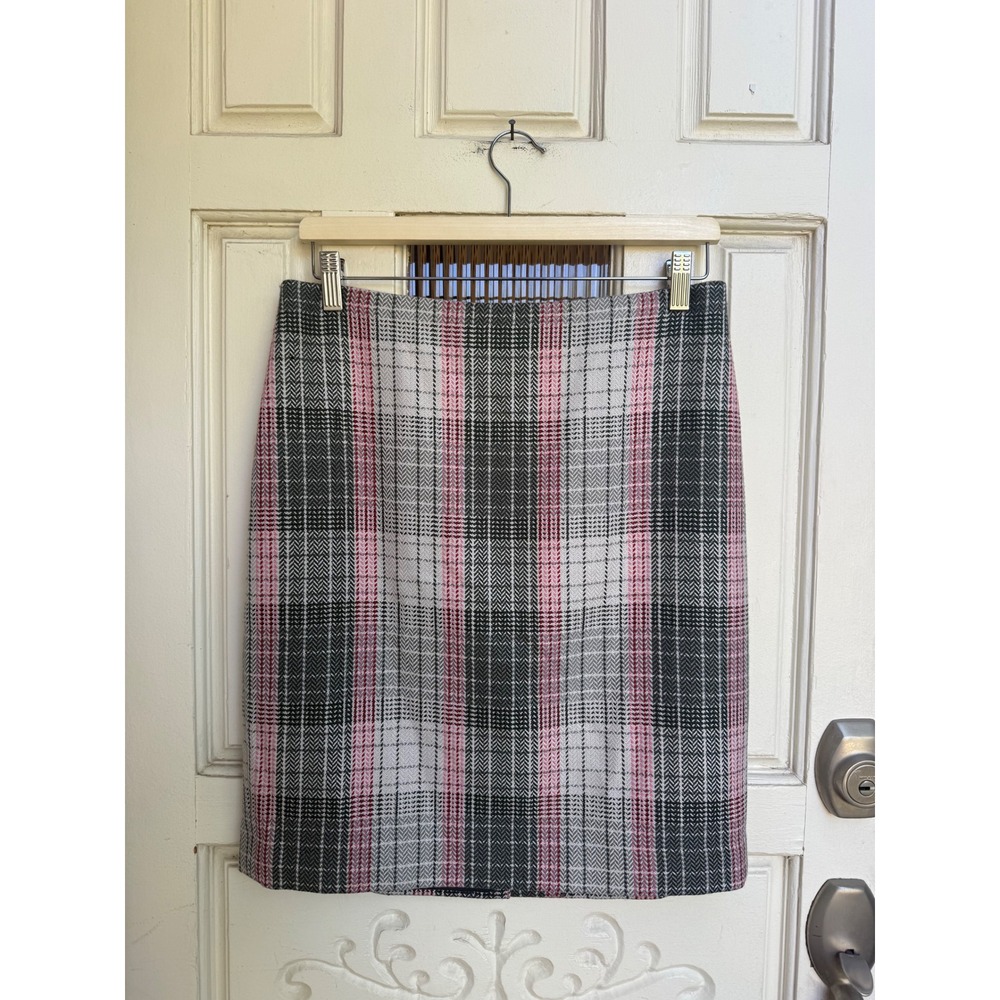 Talbots Grey Pink Herringbone Plaid Wool Blend Pencil Skirt Size 8 VN4889